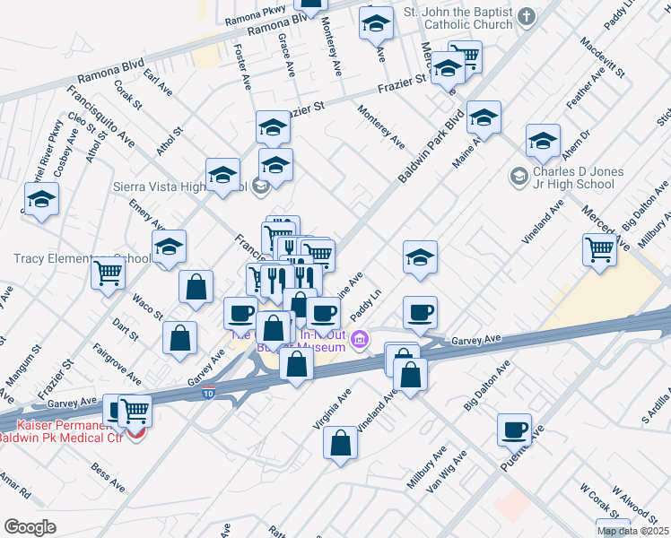 map of restaurants, bars, coffee shops, grocery stores, and more near 3256 Baldwin Park Boulevard in Baldwin Park
