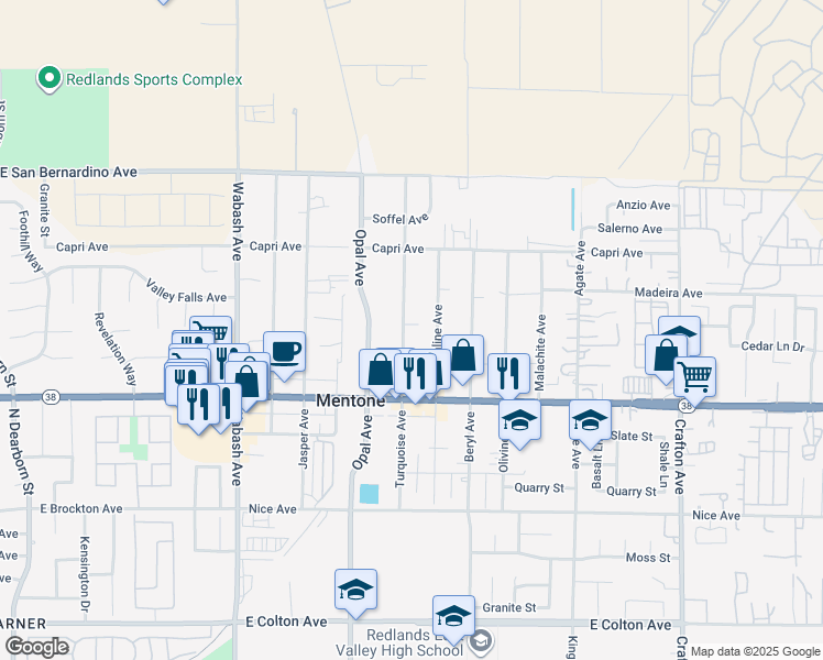 map of restaurants, bars, coffee shops, grocery stores, and more near 1354 Turquoise Avenue in Mentone
