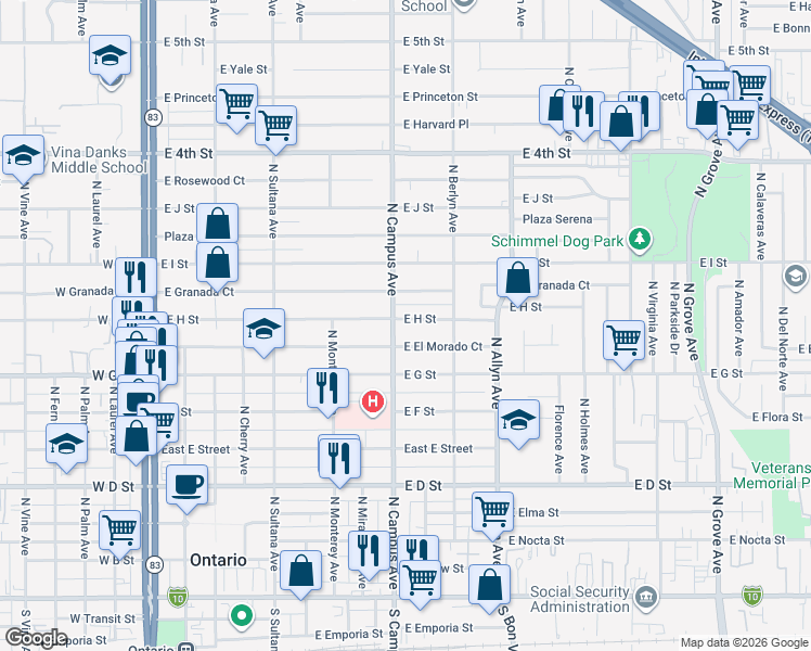 map of restaurants, bars, coffee shops, grocery stores, and more near 723 East H Street in Ontario