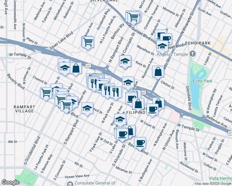map of restaurants, bars, coffee shops, grocery stores, and more near 409 3/4 Coronado Terrace in Los Angeles