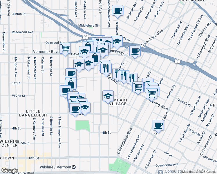 map of restaurants, bars, coffee shops, grocery stores, and more near 134 South Commonwealth Avenue in Los Angeles