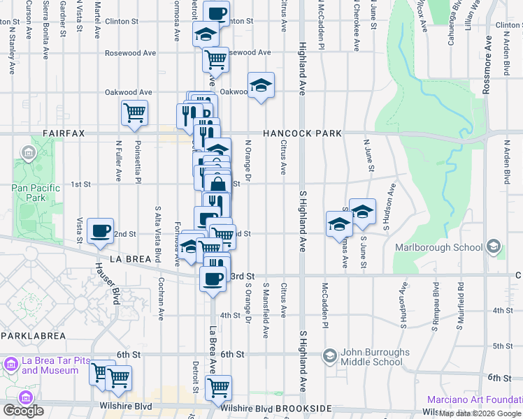 map of restaurants, bars, coffee shops, grocery stores, and more near 135 South Mansfield Avenue in Los Angeles