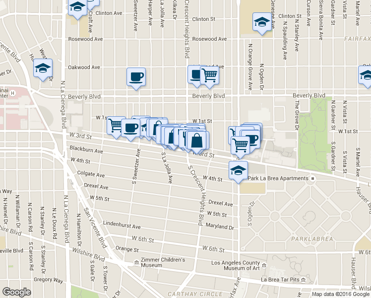 map of restaurants, bars, coffee shops, grocery stores, and more near in Los Angeles