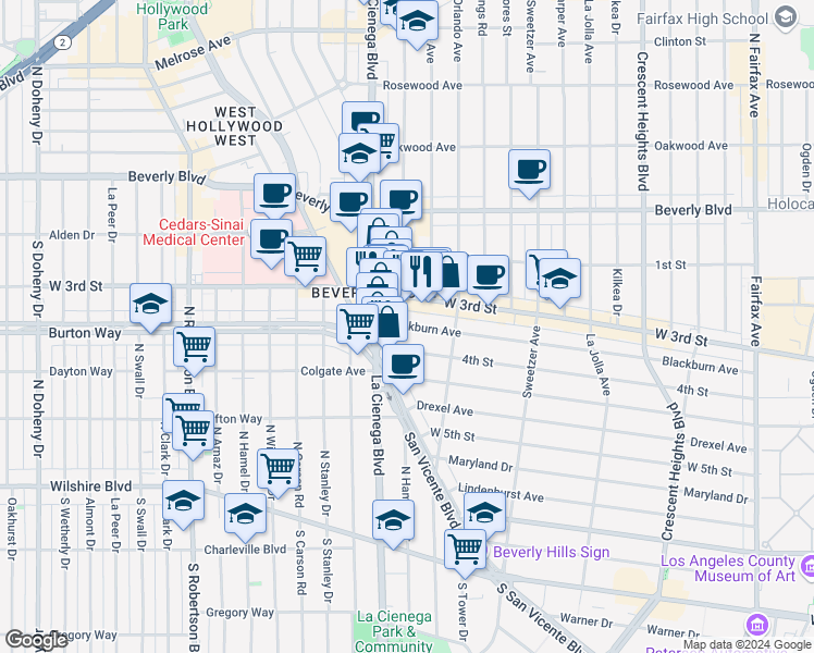 map of restaurants, bars, coffee shops, grocery stores, and more near 8461 Blackburn Avenue in Los Angeles