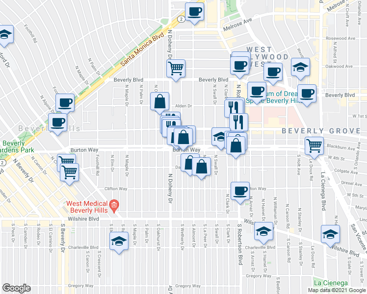 map of restaurants, bars, coffee shops, grocery stores, and more near 300 South Doheny Drive in Los Angeles