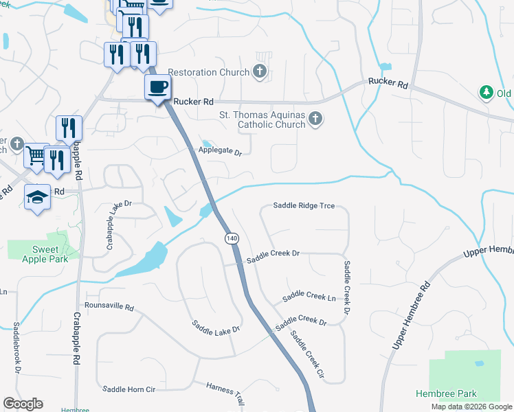 map of restaurants, bars, coffee shops, grocery stores, and more near 670 Saddle Ridge Trce in Roswell