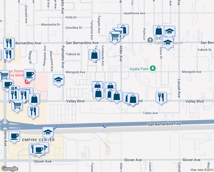 map of restaurants, bars, coffee shops, grocery stores, and more near 9995 Lombardy Avenue in Bloomington