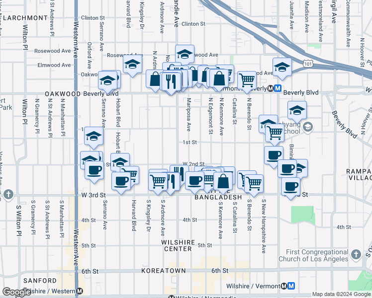 map of restaurants, bars, coffee shops, grocery stores, and more near 105 South Mariposa Avenue in Los Angeles