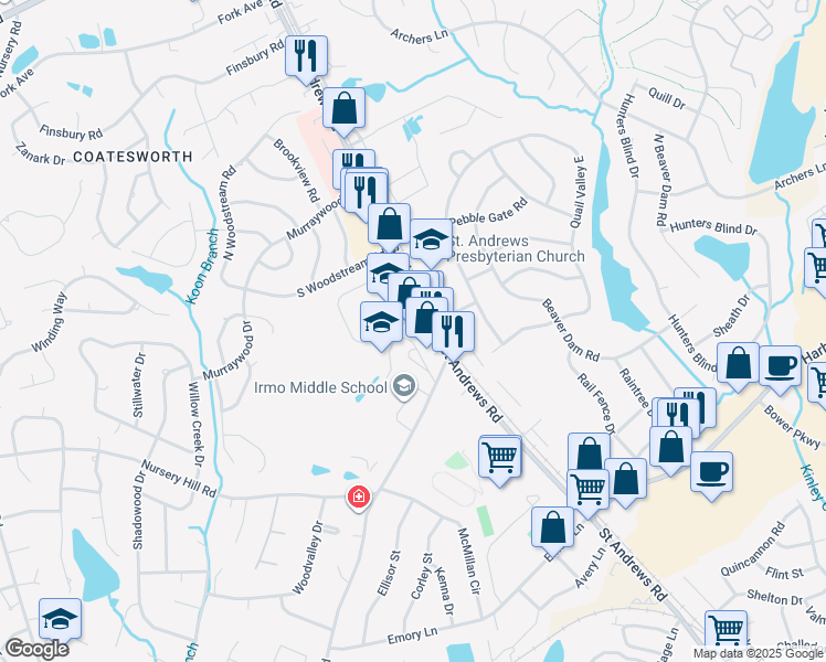 map of restaurants, bars, coffee shops, grocery stores, and more near 6903 Saint Andrews Road in Columbia