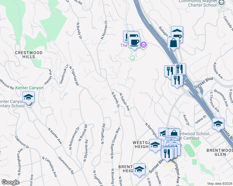 map of restaurants, bars, coffee shops, grocery stores, and more near 657 North Saltair Avenue in Los Angeles