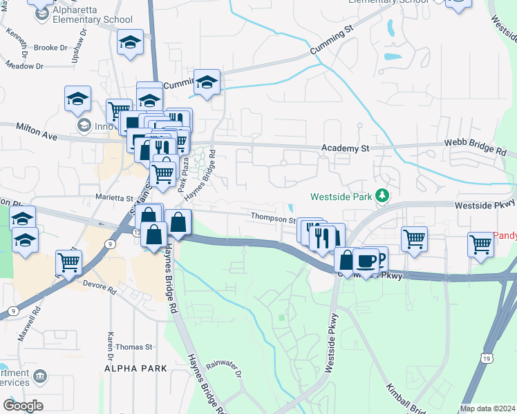 map of restaurants, bars, coffee shops, grocery stores, and more near 164 Thompson Street in Alpharetta