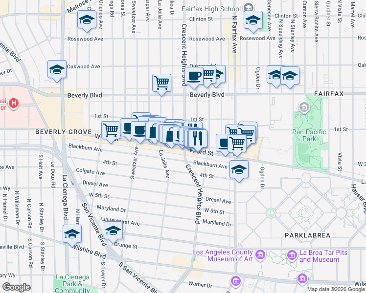 map of restaurants, bars, coffee shops, grocery stores, and more near in Los Angeles
