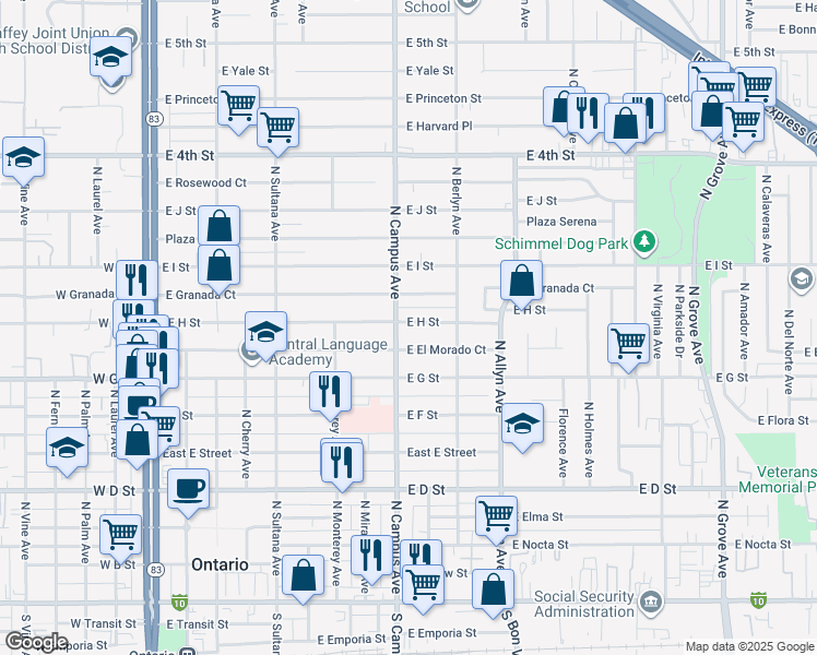 map of restaurants, bars, coffee shops, grocery stores, and more near in Ontario