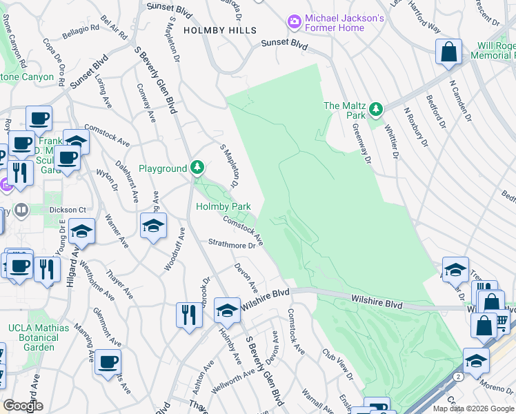map of restaurants, bars, coffee shops, grocery stores, and more near 660 Club View Drive in Los Angeles