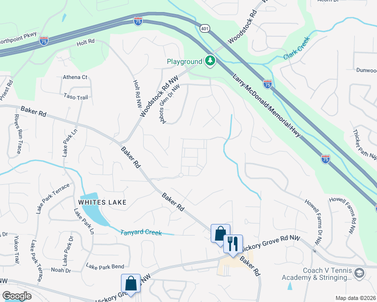 map of restaurants, bars, coffee shops, grocery stores, and more near 2820 Baker Drive in Acworth