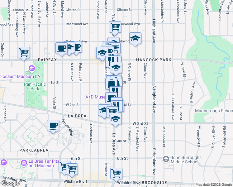 map of restaurants, bars, coffee shops, grocery stores, and more near 126 South La Brea Avenue in Los Angeles