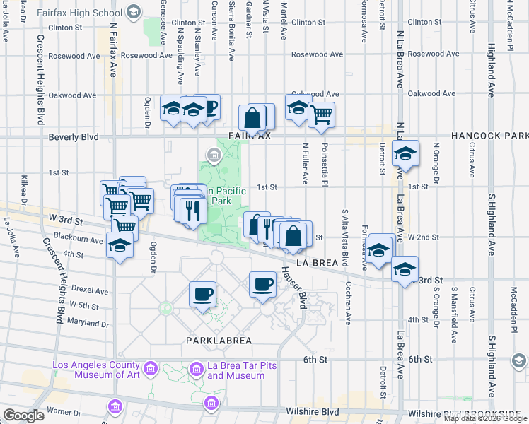 map of restaurants, bars, coffee shops, grocery stores, and more near 141 S Vista St in Los Angeles
