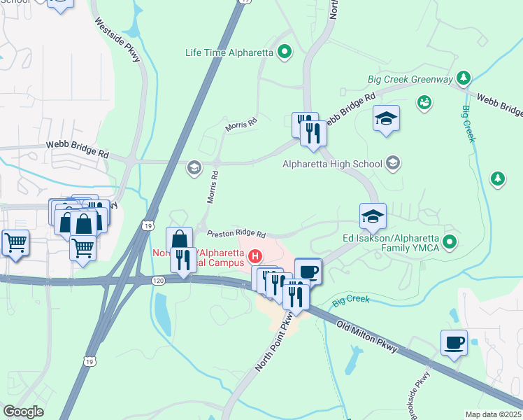 map of restaurants, bars, coffee shops, grocery stores, and more near 3440 Preston Ridge Road in Alpharetta