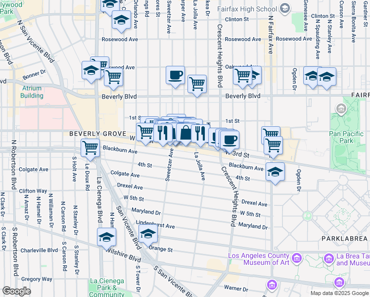 map of restaurants, bars, coffee shops, grocery stores, and more near in Los Angeles
