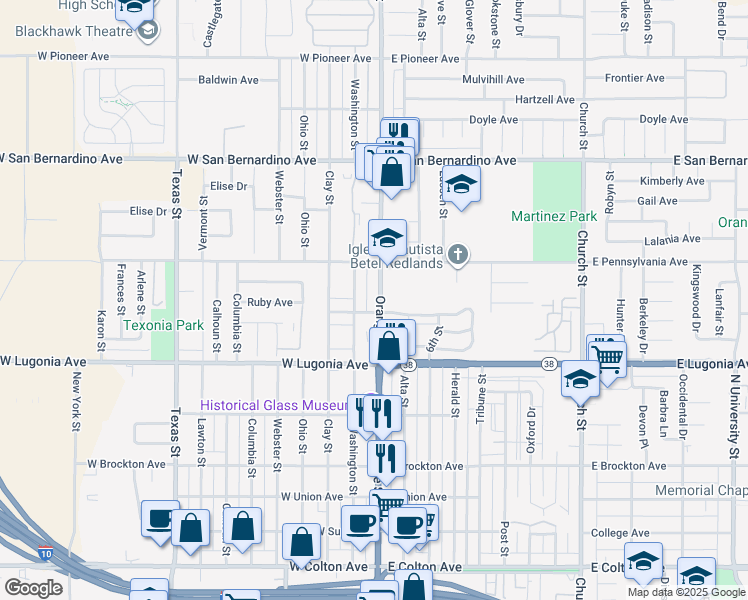 map of restaurants, bars, coffee shops, grocery stores, and more near 1409 Orange Street in Redlands