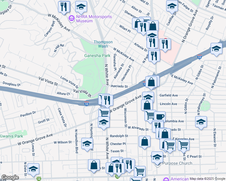 map of restaurants, bars, coffee shops, grocery stores, and more near 499 Kenoak Drive in Pomona