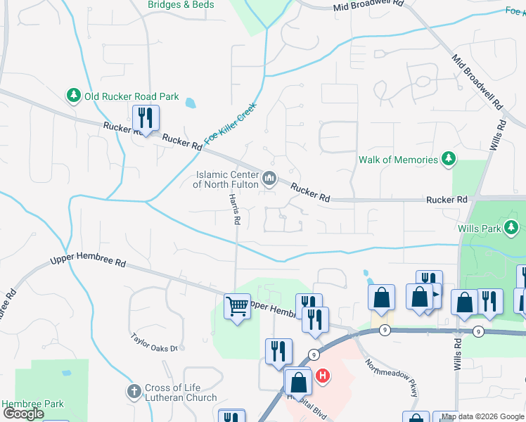 map of restaurants, bars, coffee shops, grocery stores, and more near 219 Dennis Drive in Alpharetta