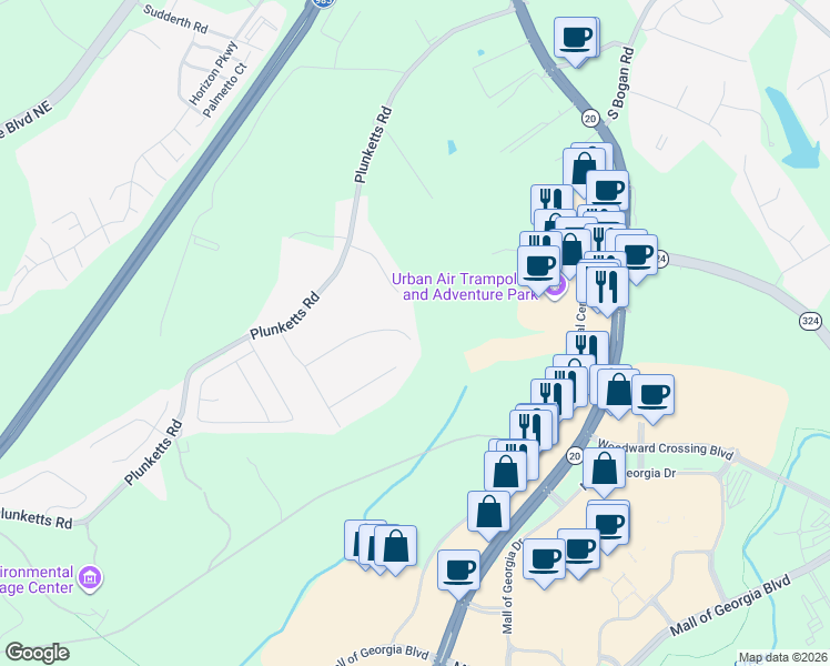 map of restaurants, bars, coffee shops, grocery stores, and more near 1610 Oklahoma Drive in Buford