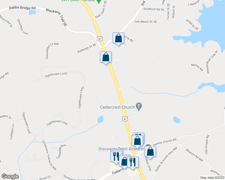 map of restaurants, bars, coffee shops, grocery stores, and more near 4825 Cobb Parkway North in Acworth