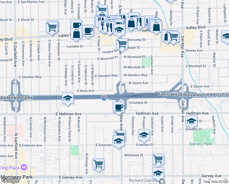 map of restaurants, bars, coffee shops, grocery stores, and more near 1404 East Ross Avenue in Alhambra