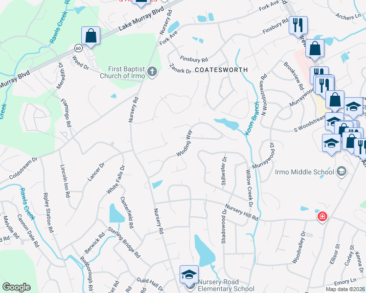 map of restaurants, bars, coffee shops, grocery stores, and more near 303 Winding Way in Columbia