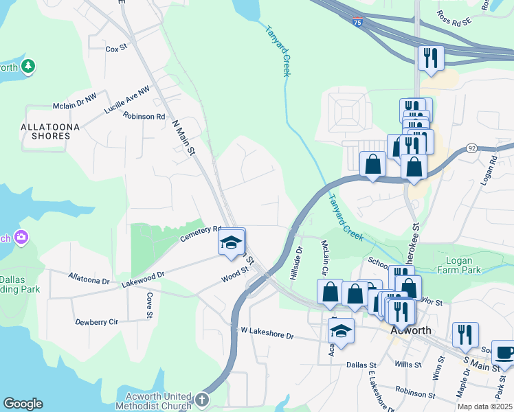 map of restaurants, bars, coffee shops, grocery stores, and more near 4680 Emerald Willow Drive in Acworth