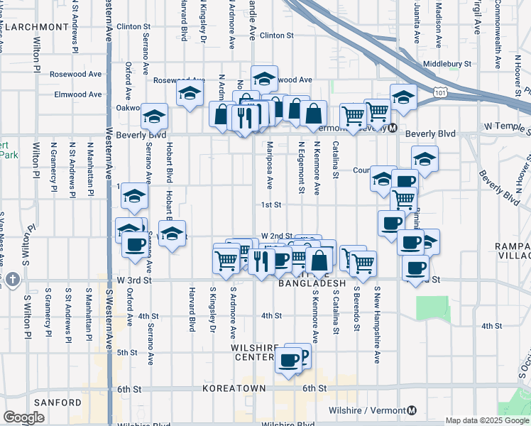 map of restaurants, bars, coffee shops, grocery stores, and more near 105 South Mariposa Avenue in Los Angeles