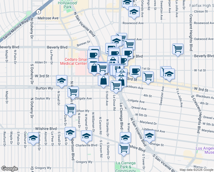 map of restaurants, bars, coffee shops, grocery stores, and more near Burton Way & S Holt Ave in Los Angeles