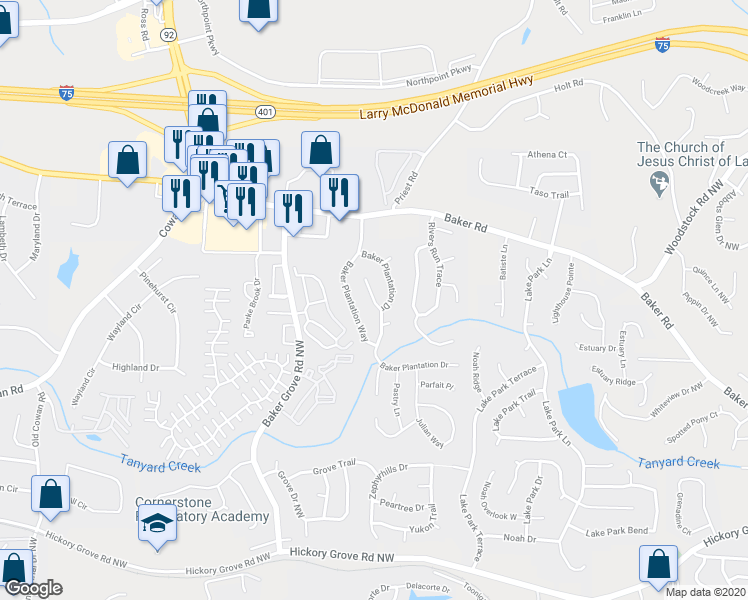map of restaurants, bars, coffee shops, grocery stores, and more near 4904 Baker Ridge Place in Acworth