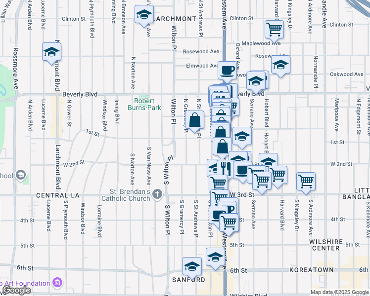map of restaurants, bars, coffee shops, grocery stores, and more near 121 South Gramercy Place in Los Angeles
