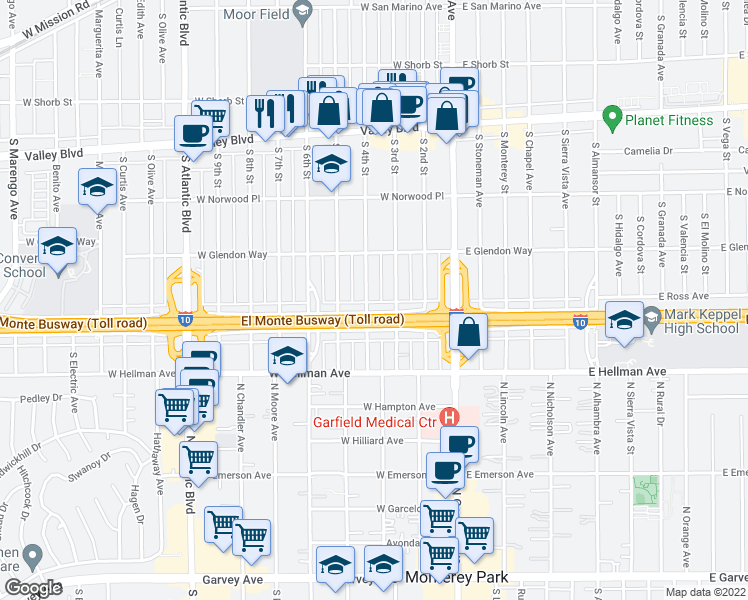 map of restaurants, bars, coffee shops, grocery stores, and more near 1844 South 4th Street in Alhambra