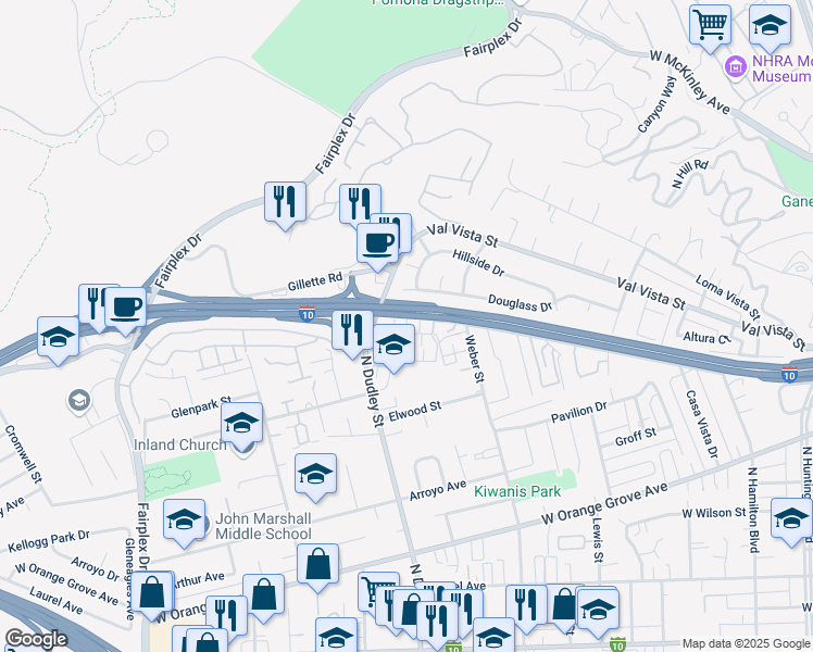 map of restaurants, bars, coffee shops, grocery stores, and more near 1545 Stratus Drive in Pomona