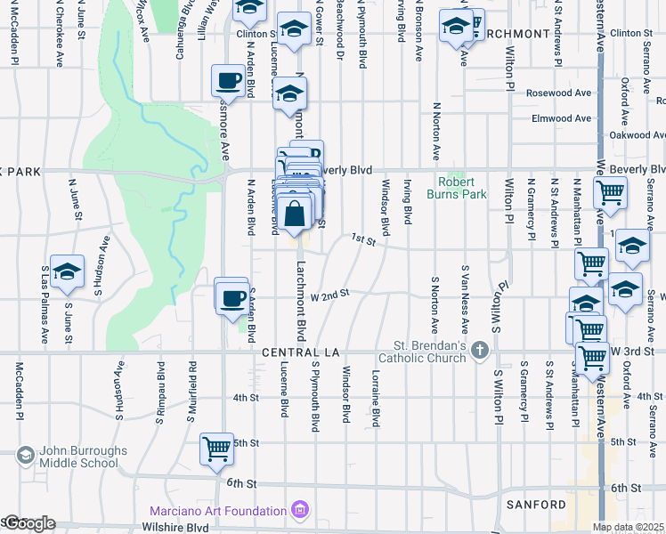 map of restaurants, bars, coffee shops, grocery stores, and more near 139 South Plymouth Boulevard in Los Angeles
