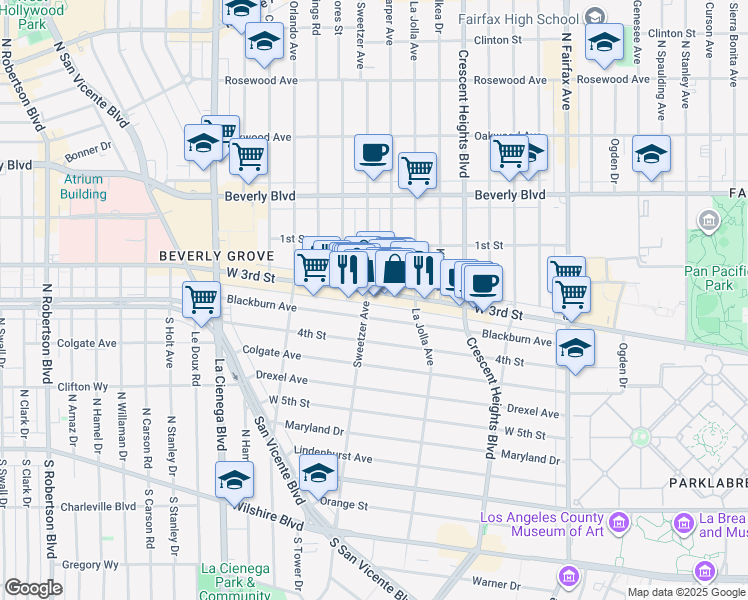 map of restaurants, bars, coffee shops, grocery stores, and more near in Los Angeles