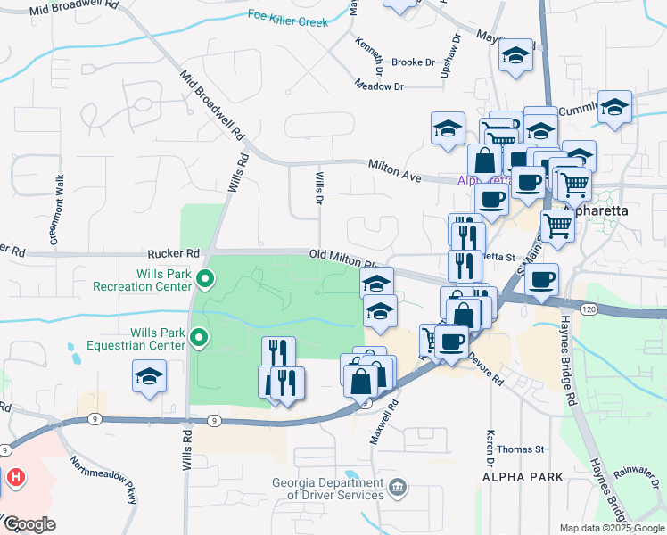 map of restaurants, bars, coffee shops, grocery stores, and more near 1835 Old Milton Parkway in Alpharetta