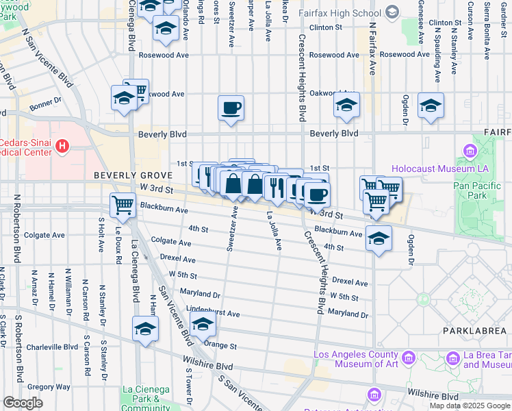 map of restaurants, bars, coffee shops, grocery stores, and more near 8250 West 3rd Street in Los Angeles