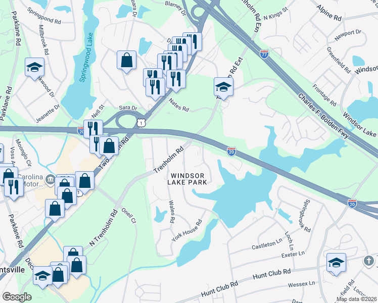 map of restaurants, bars, coffee shops, grocery stores, and more near 2924 Chatsworth Road in Columbia