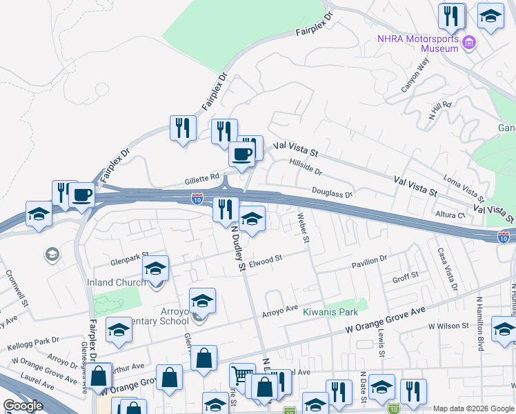 map of restaurants, bars, coffee shops, grocery stores, and more near 1561 Stratus Drive in Pomona