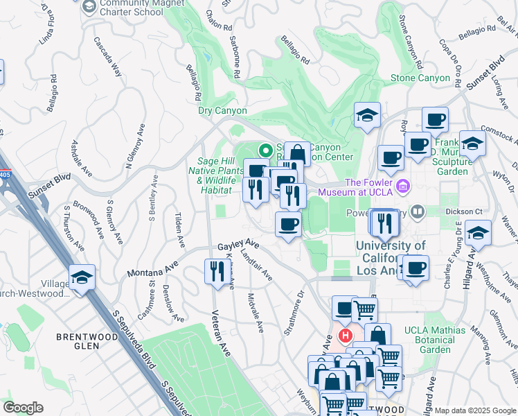 map of restaurants, bars, coffee shops, grocery stores, and more near 270 De Neve Drive in Los Angeles