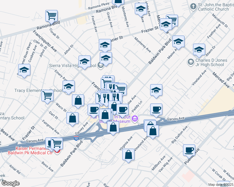 map of restaurants, bars, coffee shops, grocery stores, and more near 3229 Baldwin Park Boulevard in Baldwin Park