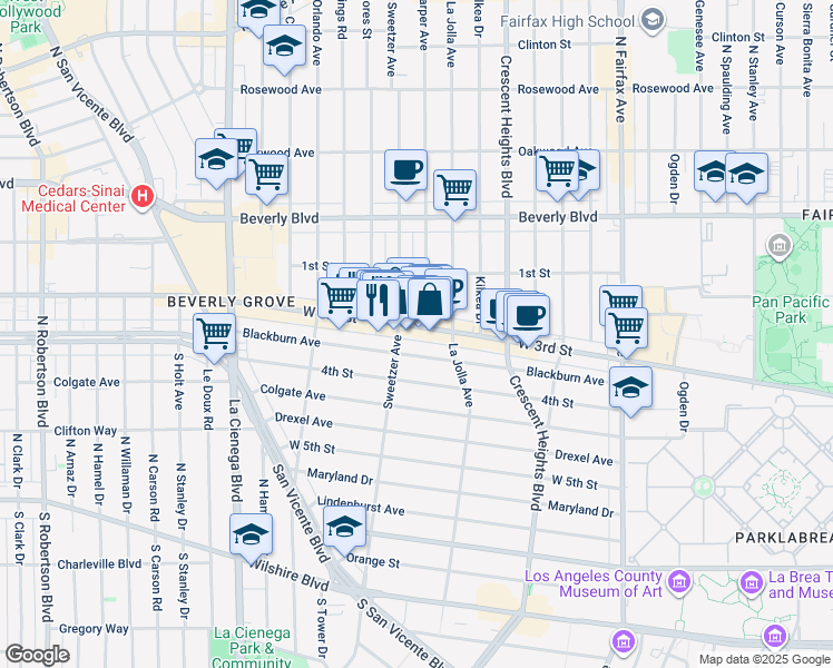 map of restaurants, bars, coffee shops, grocery stores, and more near 8250 West 3rd Street in Los Angeles
