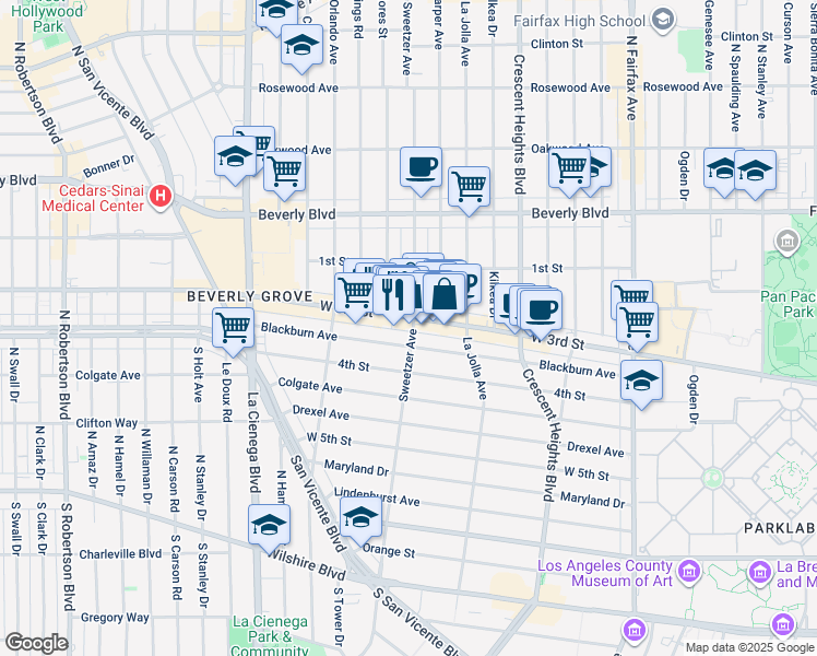 map of restaurants, bars, coffee shops, grocery stores, and more near in Los Angeles