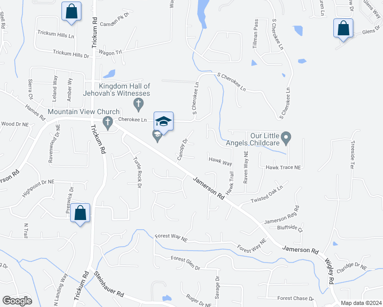 map of restaurants, bars, coffee shops, grocery stores, and more near 2509 Canopy Court in Marietta