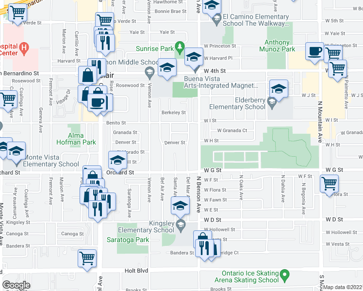 map of restaurants, bars, coffee shops, grocery stores, and more near 5629 Denver Street in Montclair