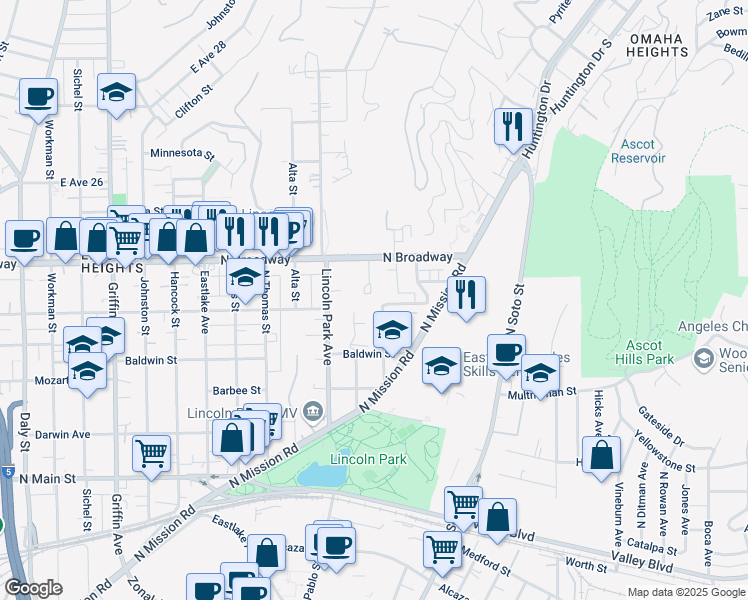 map of restaurants, bars, coffee shops, grocery stores, and more near 2314 Holgate Square in Los Angeles